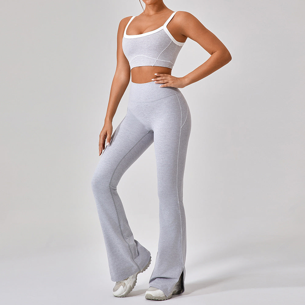 Premium Women's Yoga Fitness Set - Contrast Color Workout Outfit Gray Long