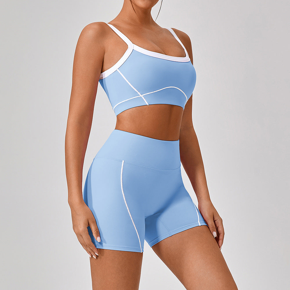 Premium Women's Yoga Fitness Set - Contrast Color Workout Outfit Water Blue Short