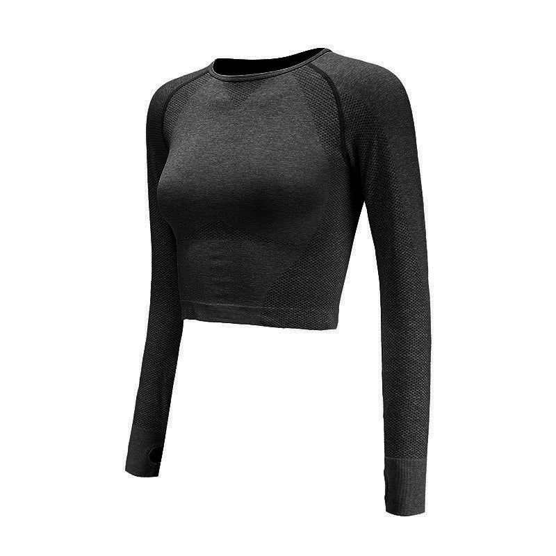 Premium Women's Seamless Long-Sleeve Yoga Crop Top Black