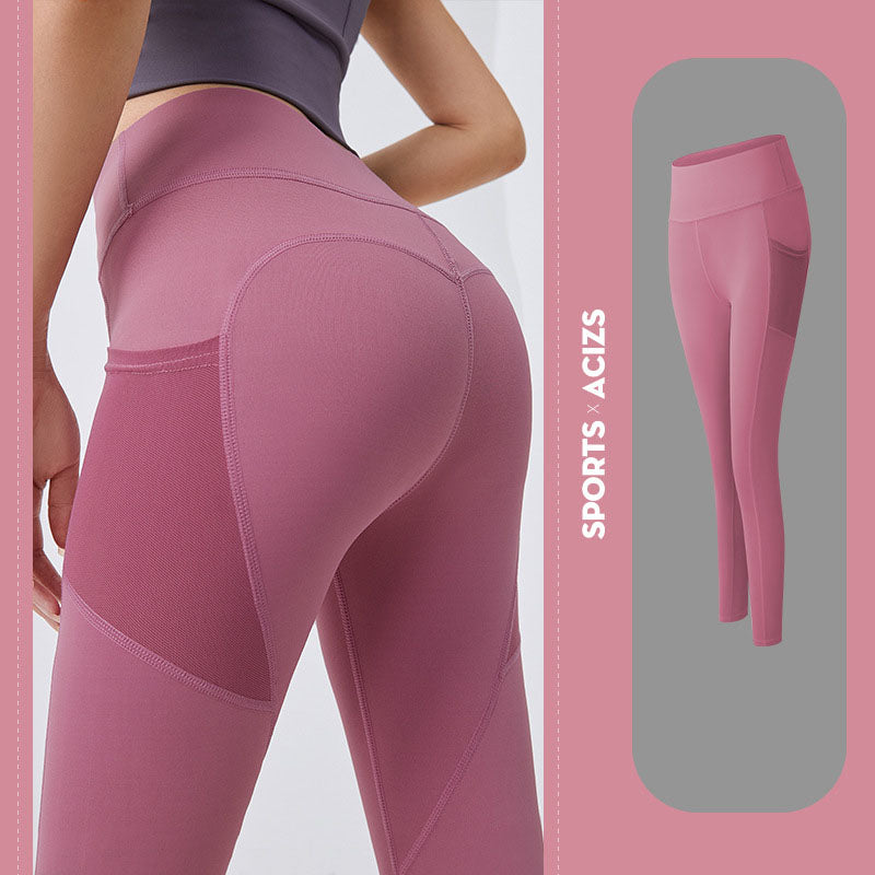 Premium Yoga Pants with Pockets - Tummy Control Fitness Leggings Bean Paste Pink