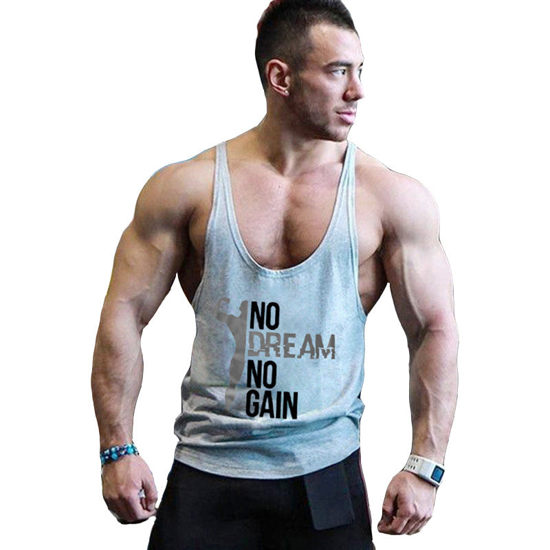 Man wearing a tank top with 'No Dream No Gain' text on a white background