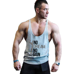 Man wearing a tank top with 'No Dream No Gain' text on a white background