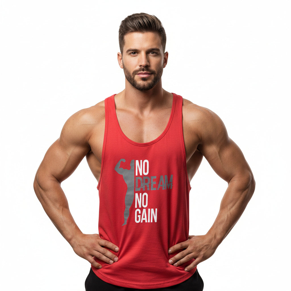 Red tank top with 'No Dream No Gain' text on a mannequin against a white background