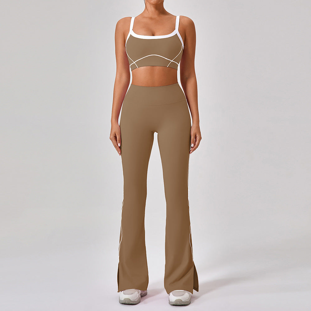 Premium Women's Yoga Fitness Set - Contrast Color Workout Outfit Dark Khaki Long