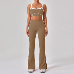 Premium Women's Yoga Fitness Set - Contrast Color Workout Outfit Dark Khaki Long
