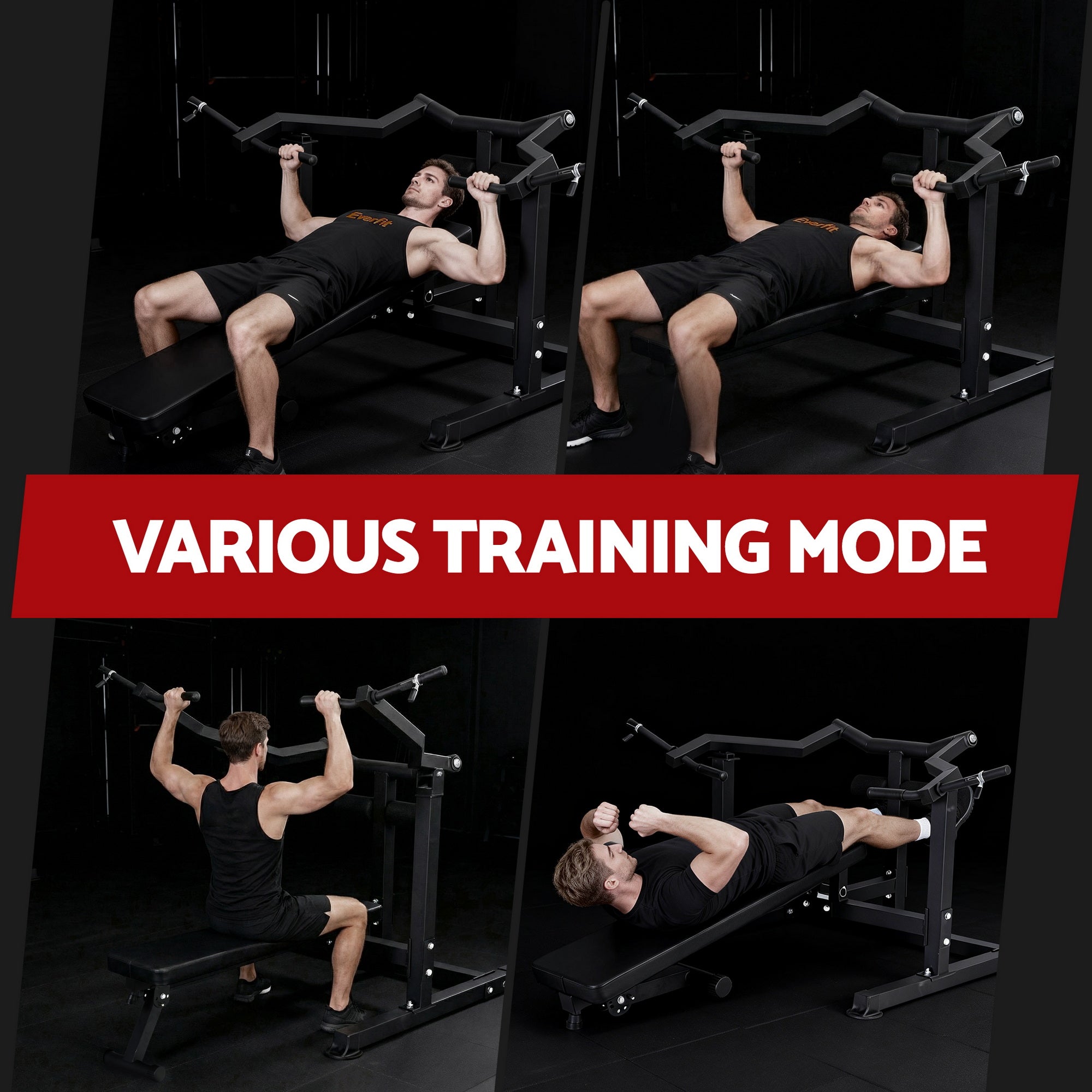 Person using a black exercise bench with various training modes on a dark background.
