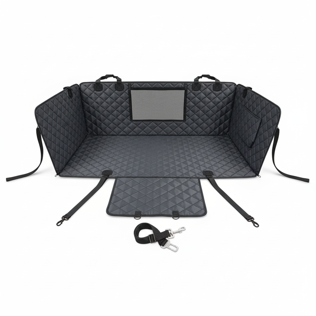 Dog Car Seat Cover with Mesh Window, Waterproof Non‑Slip Scratchproof Hammock with Side Flaps for Cars, Trucks & SUVs