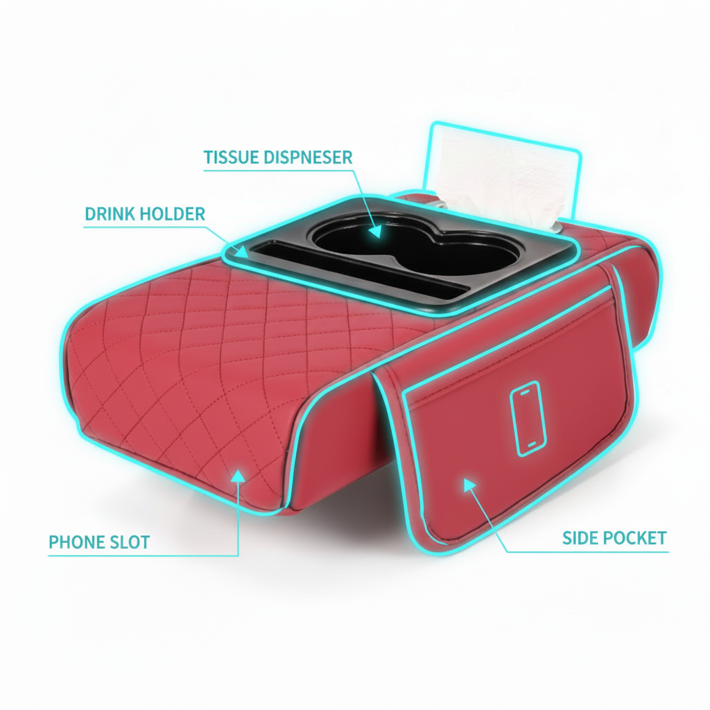 Premium Car Armrest Organizer & Comfort Pad(red)
