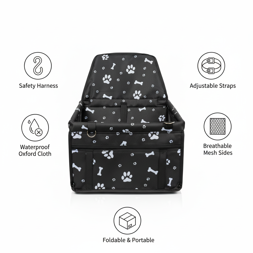 Black bone print Portable Pet Car Seat for Dogs and Cats - Adjustable Car Seat Cover, Pet Travel Car Carrier with Safety Belt