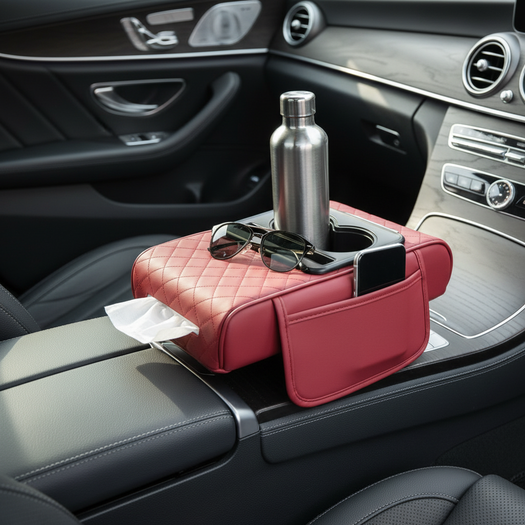 Premium Car Armrest Organizer & Comfort Pad(red)