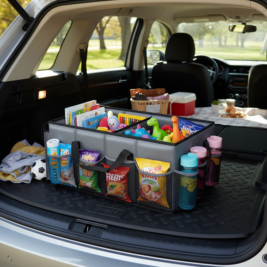 Grey Car Trunk Storage Box - Foldable Organizer