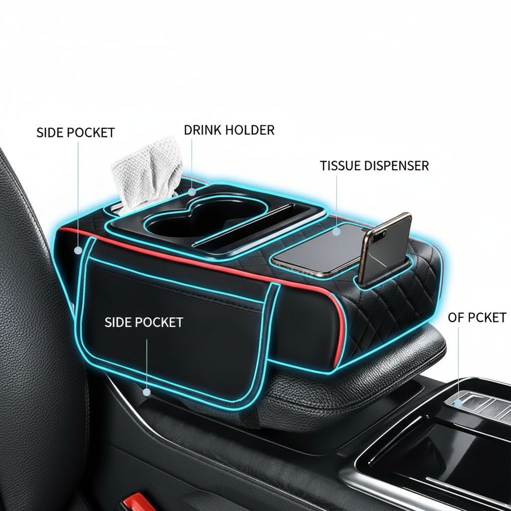 Premium Car Armrest Organizer & Comfort Pad Black
