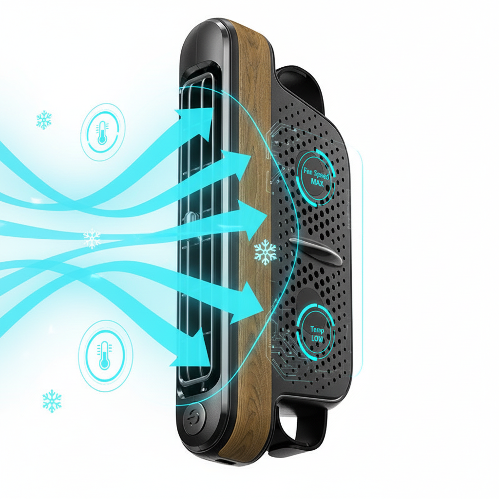 Black and Wood grain pattern Car Seat Back Headrest Fan USB Powered Dual Turbine Bladeless Cooling Fan with 3 Speeds