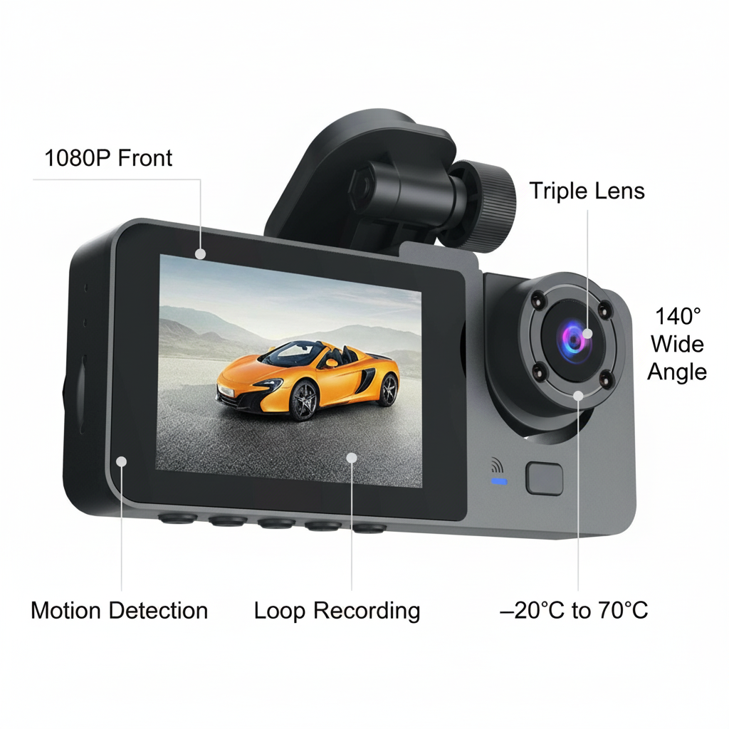 Black A2 Triple Lens Car Dash Camera Recorder
