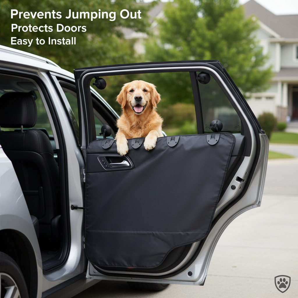 Pet Car Door Protector 77×64cm – Grey Waterproof Dog Barrier with Storage Pocket, Prevents Pets Jumping Out, Universal Fit for Cars, SUVs & Trucks