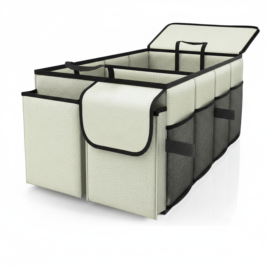 Beige 46L Car Organizer Storage Box with Multiple Compartments and Pockets