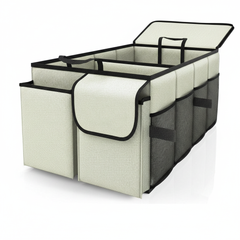 Beige 46L Car Organizer Storage Box with Multiple Compartments and Pockets