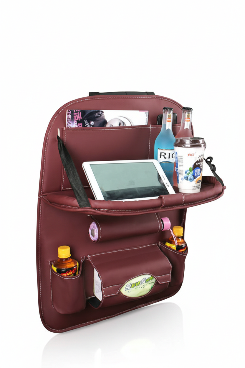 Leather Car Backseat Organizer with Foldable Tray Table & Trash Bag - Multi-functional Car Storage Solution