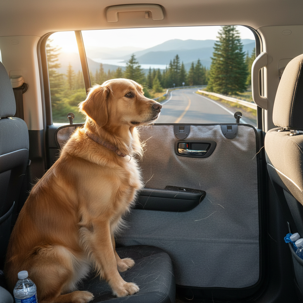 Pet Car Door Protector 77×64cm – Grey Waterproof Dog Barrier with Storage Pocket, Prevents Pets Jumping Out, Universal Fit for Cars, SUVs & Trucks