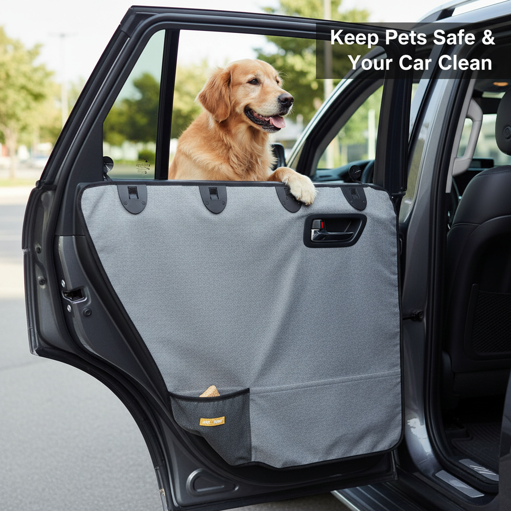 Pet Car Door Protector 77×64cm – Grey Waterproof Dog Barrier with Storage Pocket, Prevents Pets Jumping Out, Universal Fit for Cars, SUVs & Trucks