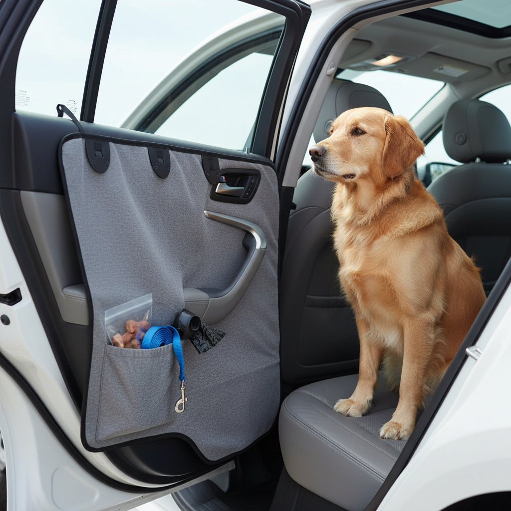 Pet Car Door Protector 77×64cm – Grey Waterproof Dog Barrier with Storage Pocket, Prevents Pets Jumping Out, Universal Fit for Cars, SUVs & Trucks