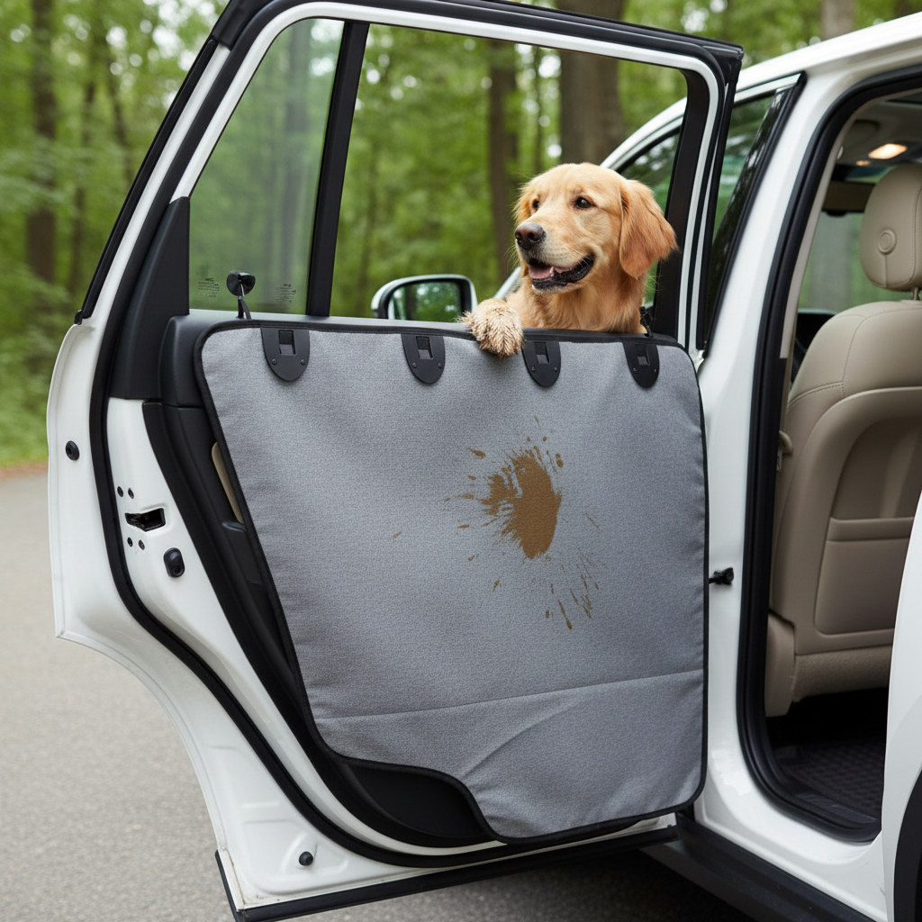 Pet Car Door Protector 77×64cm – Grey Waterproof Dog Barrier with Storage Pocket, Prevents Pets Jumping Out, Universal Fit for Cars, SUVs & Trucks