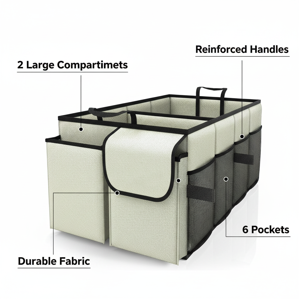 Beige 46L Car Organizer Storage Box with Multiple Compartments and Pockets