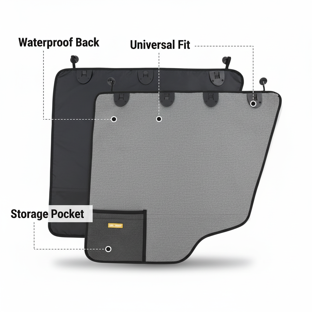 Pet Car Door Protector 77×64cm – Grey Waterproof Dog Barrier with Storage Pocket, Prevents Pets Jumping Out, Universal Fit for Cars, SUVs & Trucks