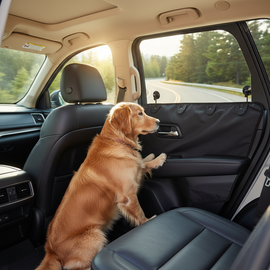 Pet Car Door Protector 77×64cm – Grey Waterproof Dog Barrier with Storage Pocket, Prevents Pets Jumping Out, Universal Fit for Cars, SUVs & Trucks