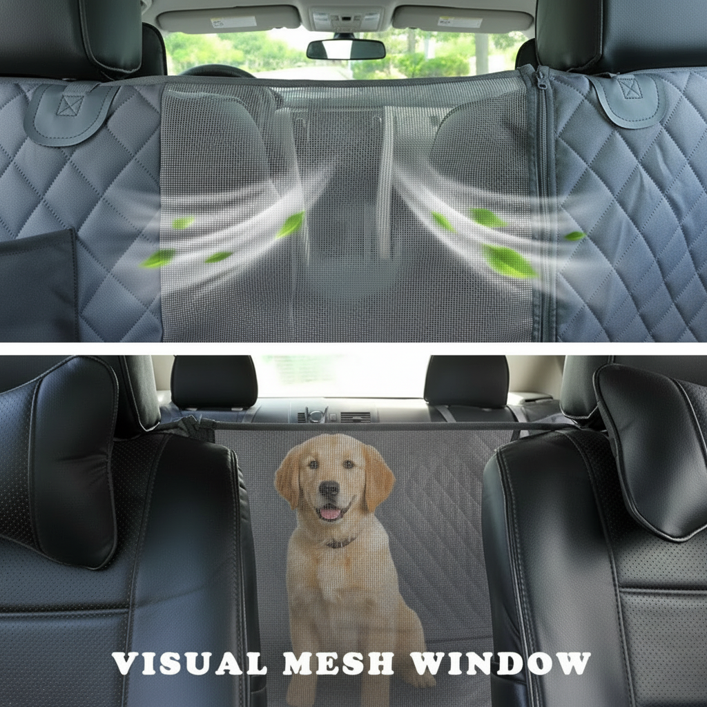 Dog Car Seat Cover with Mesh Window, Waterproof Non‑Slip Scratchproof Hammock with Side Flaps for Cars, Trucks & SUVs