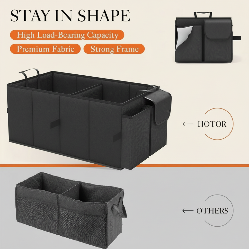 Beige 46L Car Organizer Storage Box with Multiple Compartments and Pockets