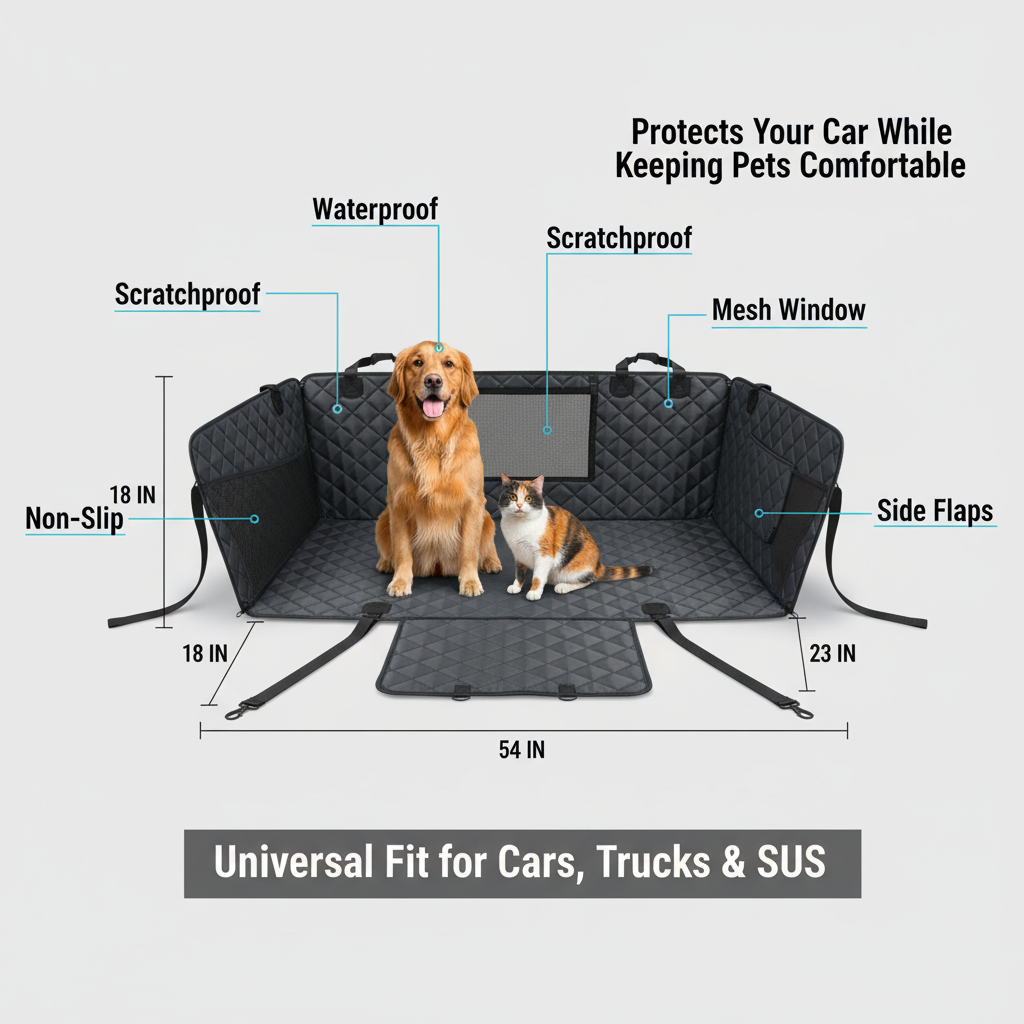 Dog Car Seat Cover with Mesh Window, Waterproof Non‑Slip Scratchproof Hammock with Side Flaps for Cars, Trucks & SUVs