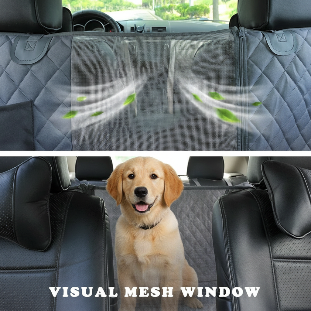 Dog Car Seat Cover with Mesh Window, Waterproof Non‑Slip Scratchproof Hammock with Side Flaps for Cars, Trucks & SUVs