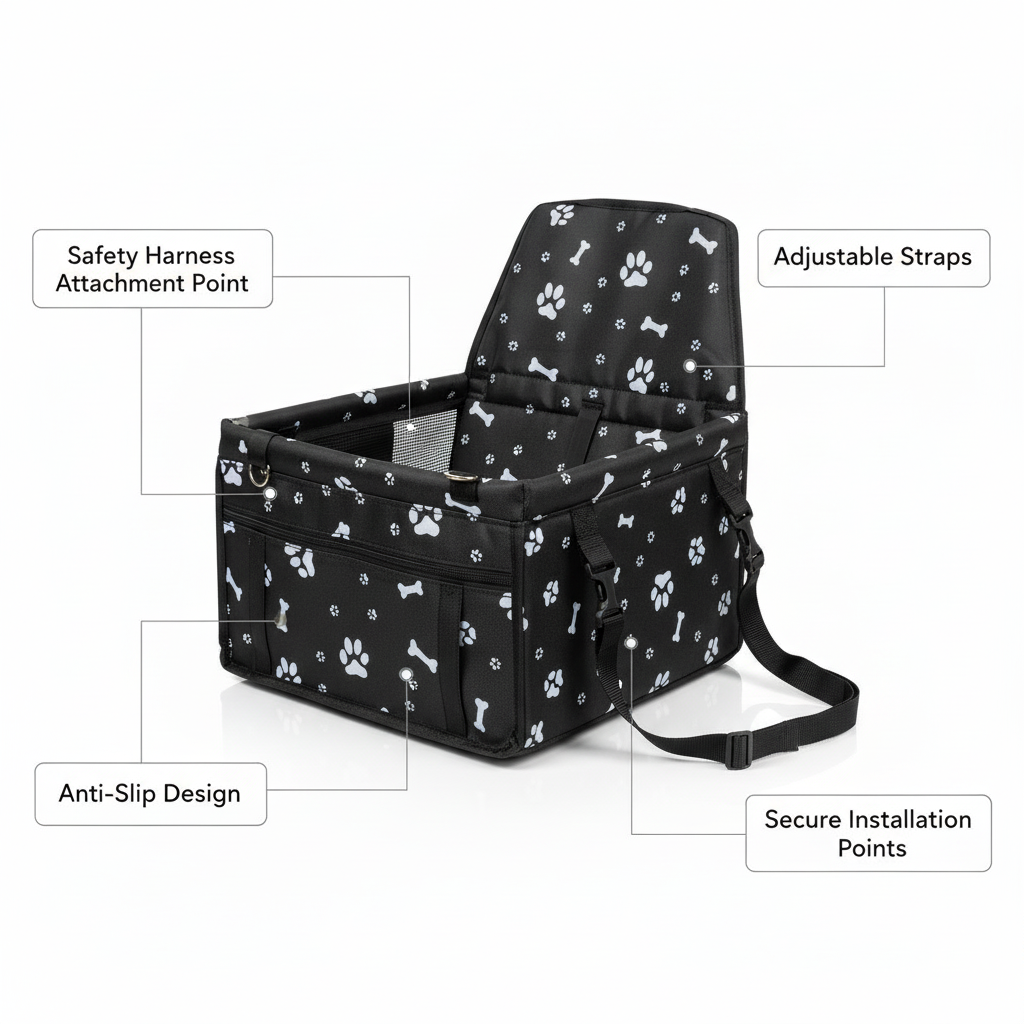 Black bone print Portable Pet Car Seat for Dogs and Cats - Adjustable Car Seat Cover, Pet Travel Car Carrier with Safety Belt