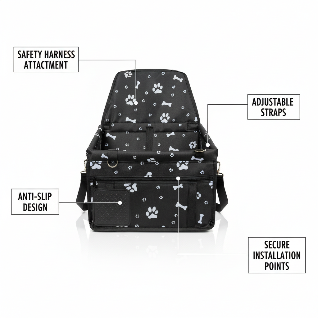 Black bone print Portable Pet Car Seat for Dogs and Cats - Adjustable Car Seat Cover, Pet Travel Car Carrier with Safety Belt