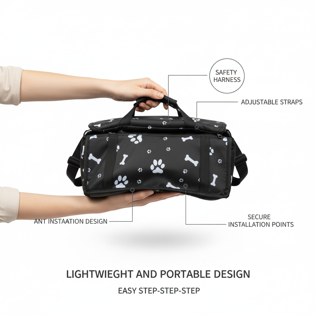Black bone print Portable Pet Car Seat for Dogs and Cats - Adjustable Car Seat Cover, Pet Travel Car Carrier with Safety Belt