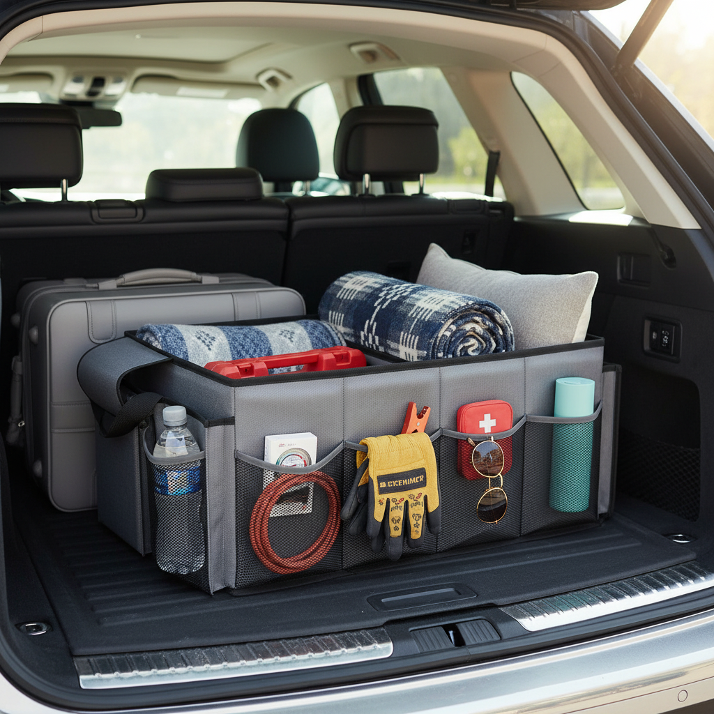 Grey Car Trunk Storage Box - Foldable Organizer