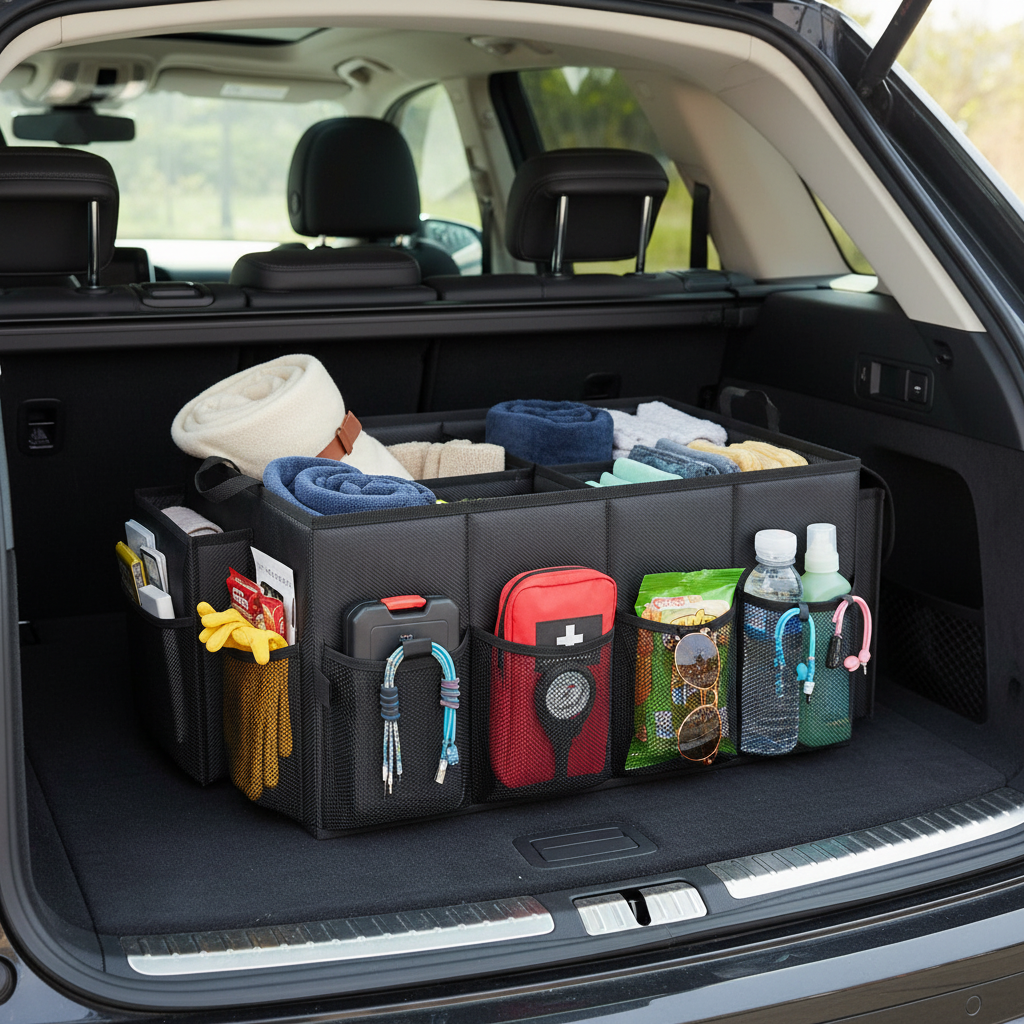 Black Car Trunk Storage Box - Foldable Organizer