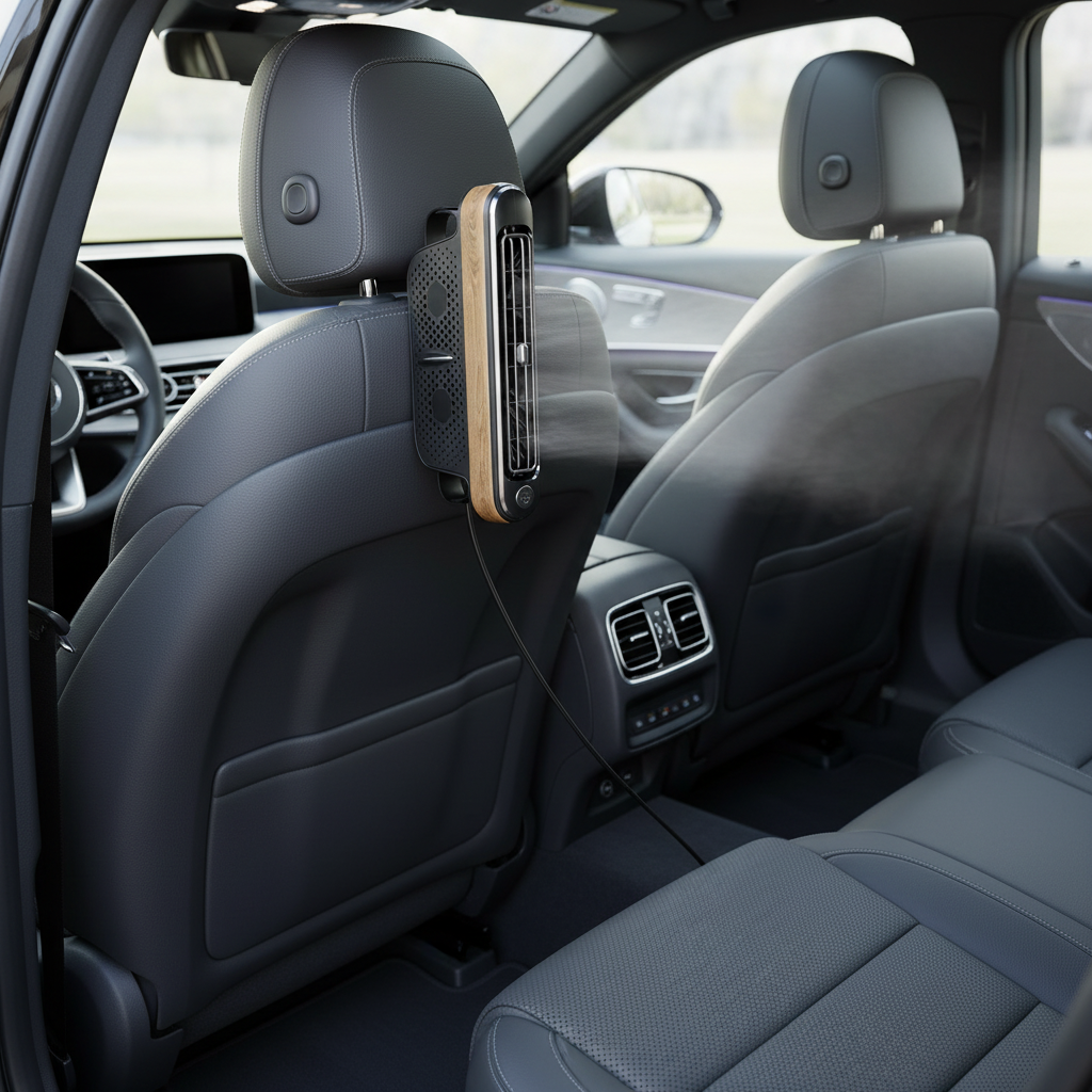 Black and Wood grain pattern Car Seat Back Headrest Fan USB Powered Dual Turbine Bladeless Cooling Fan with 3 Speeds