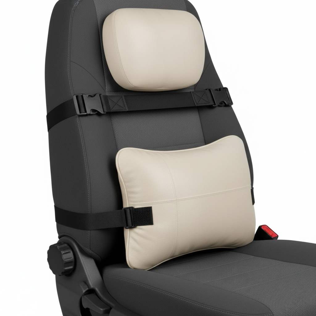 Beige Luxury Eco-Friendly Suede Car Headrest and Lumbar Cushion Set - Ergonomic Support, All-Season Comfort, Adjustable Straps, and Durable Design for Cars, Office, and Home Use