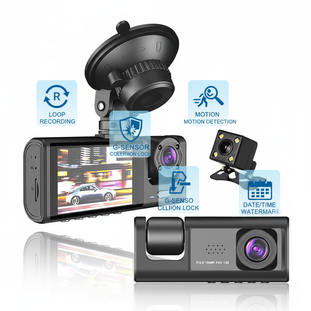 HD Night Vision Car Driving Recorder with 3 Lenses