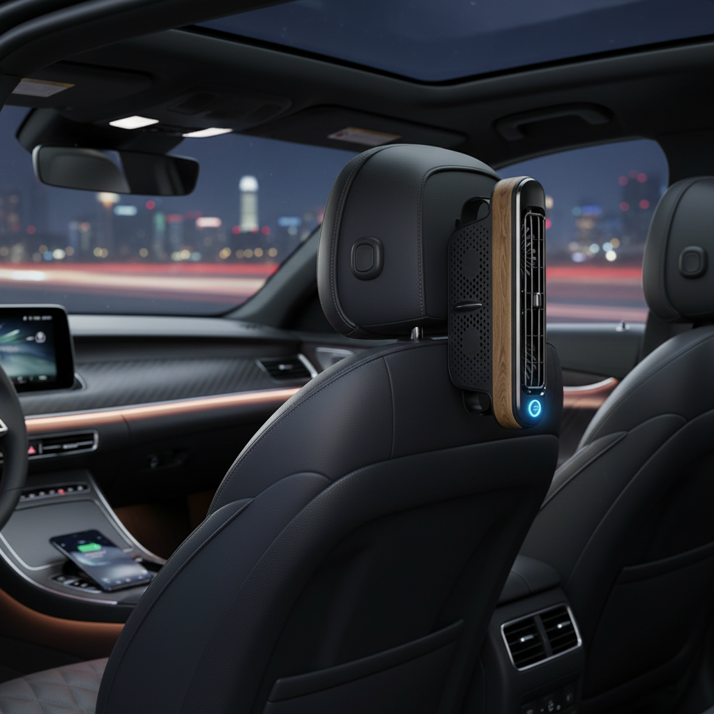Black and Wood grain pattern Car Seat Back Headrest Fan USB Powered Dual Turbine Bladeless Cooling Fan with 3 Speeds
