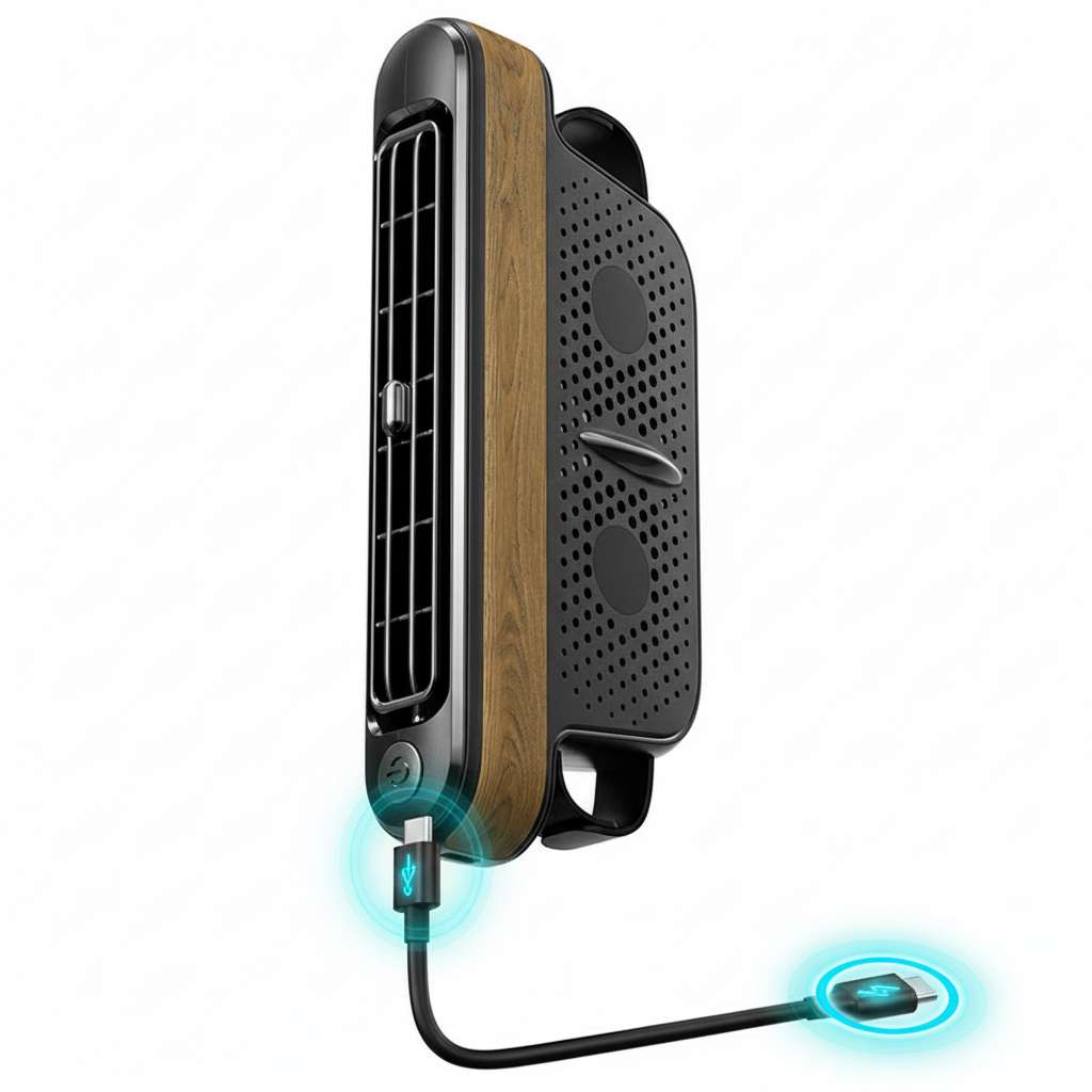 Black and Wood grain pattern Car Seat Back Headrest Fan USB Powered Dual Turbine Bladeless Cooling Fan with 3 Speeds