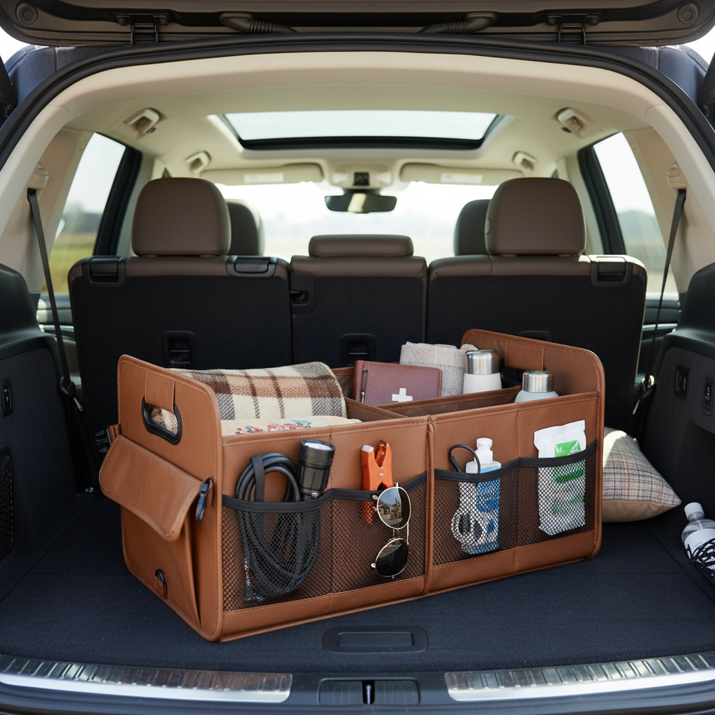 Brown Car Storage Box - Foldable Waterproof Trunk Organizer