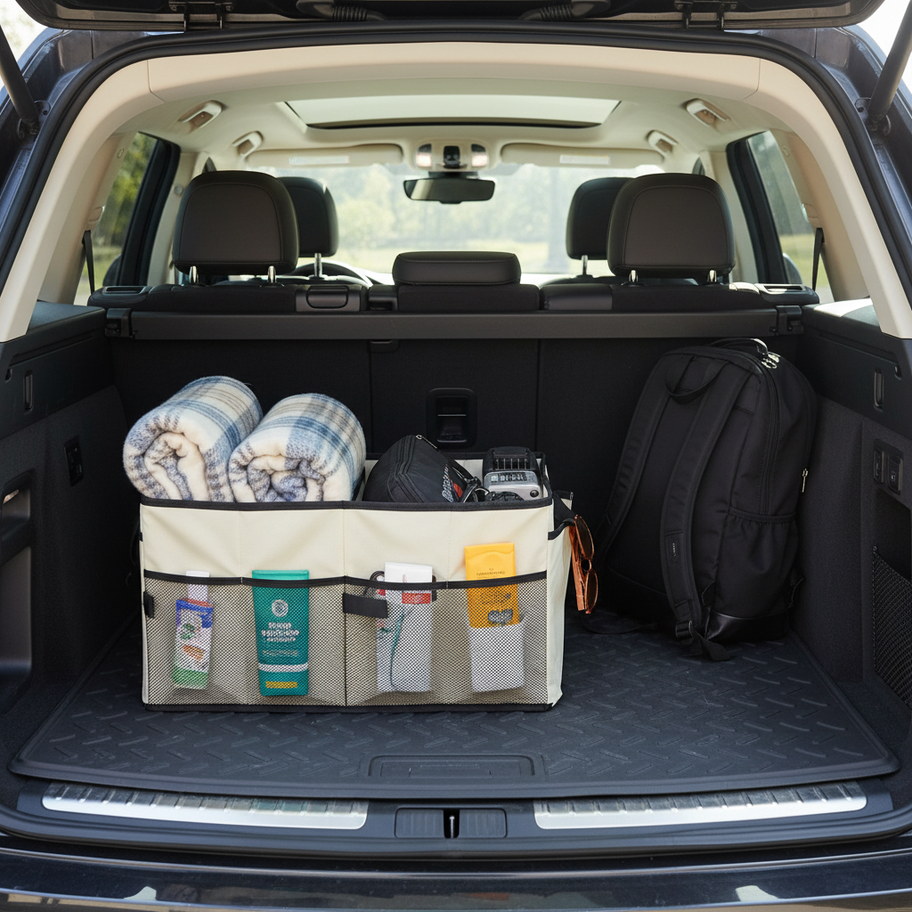 Beige Car Trunk Storage Box - Foldable Organizer