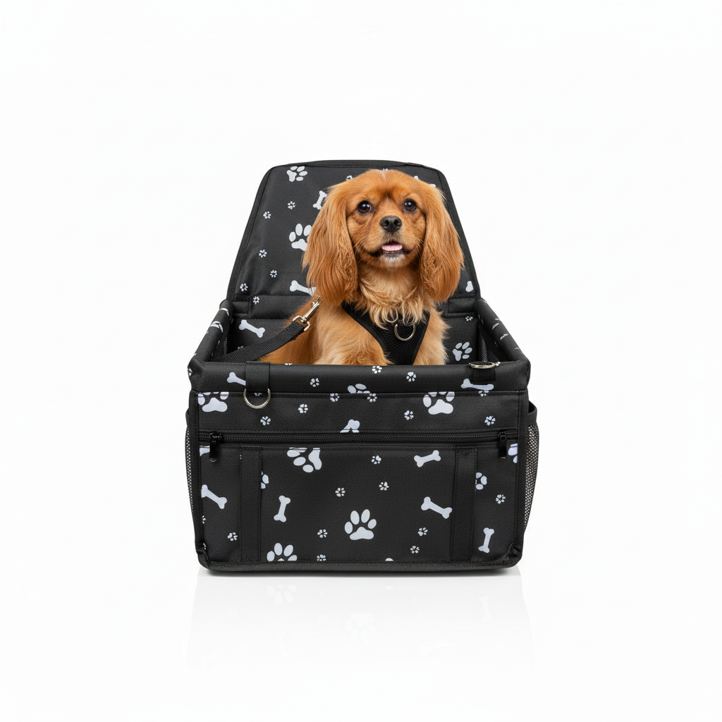 Black bone print Portable Pet Car Seat for Dogs and Cats - Adjustable Car Seat Cover, Pet Travel Car Carrier with Safety Belt