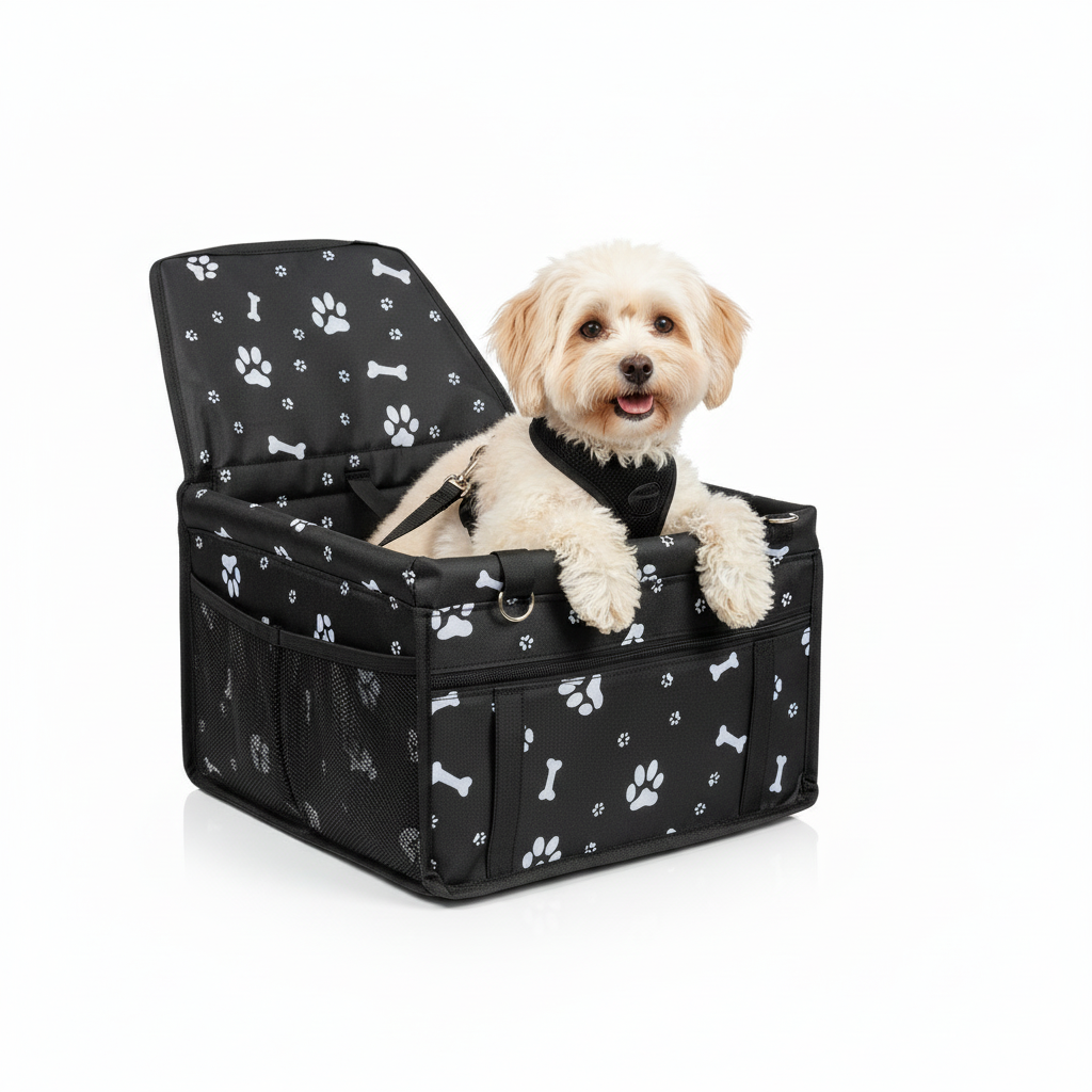 Black bone print Portable Pet Car Seat for Dogs and Cats - Adjustable Car Seat Cover, Pet Travel Car Carrier with Safety Belt