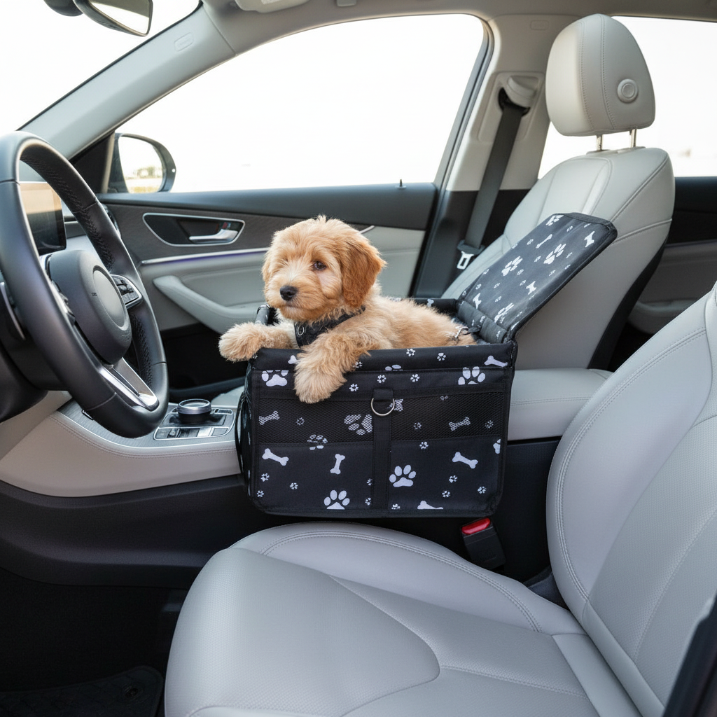 Black bone print Portable Pet Car Seat for Dogs and Cats - Adjustable Car Seat Cover, Pet Travel Car Carrier with Safety Belt