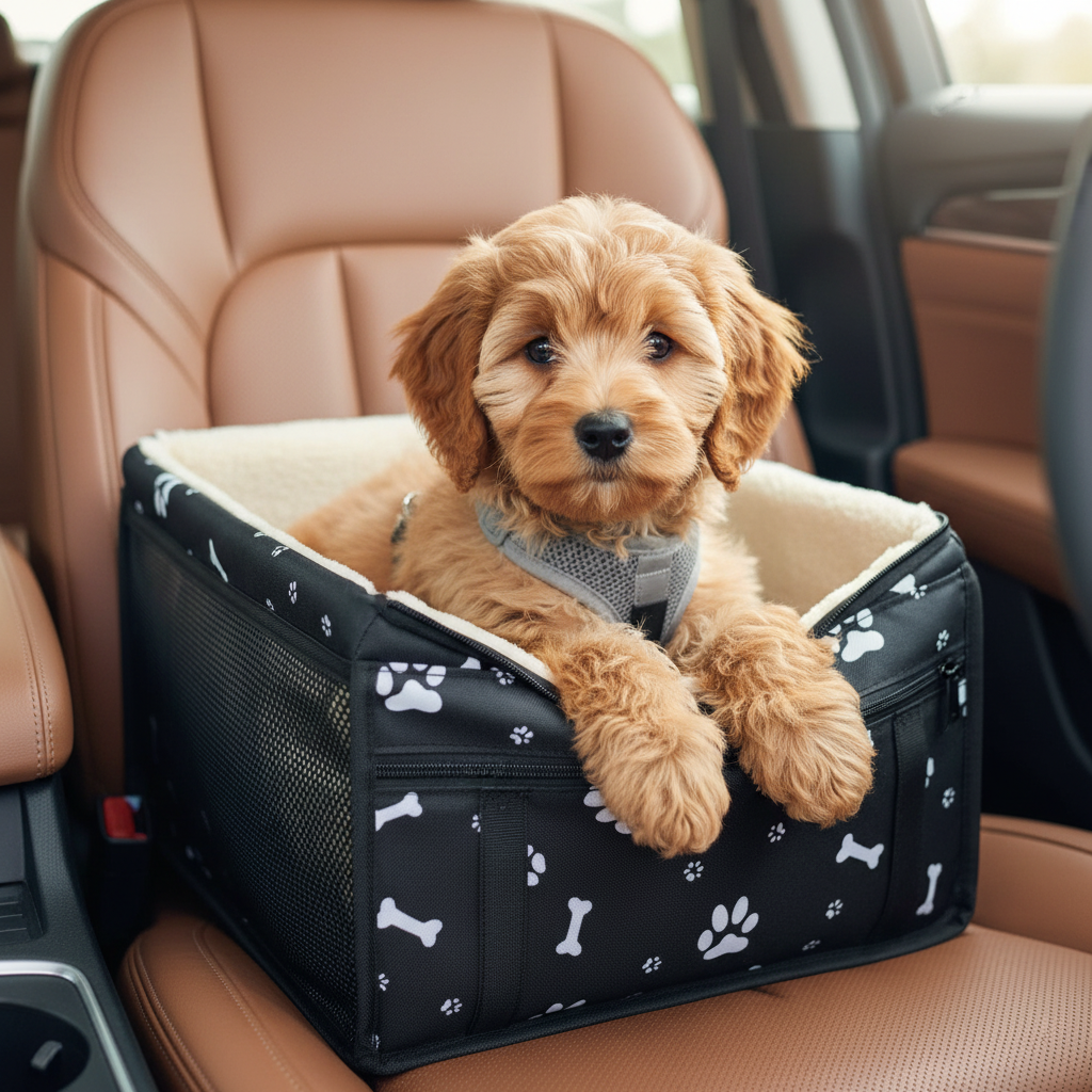 Black bone print Portable Pet Car Seat for Dogs and Cats - Adjustable Car Seat Cover, Pet Travel Car Carrier with Safety Belt