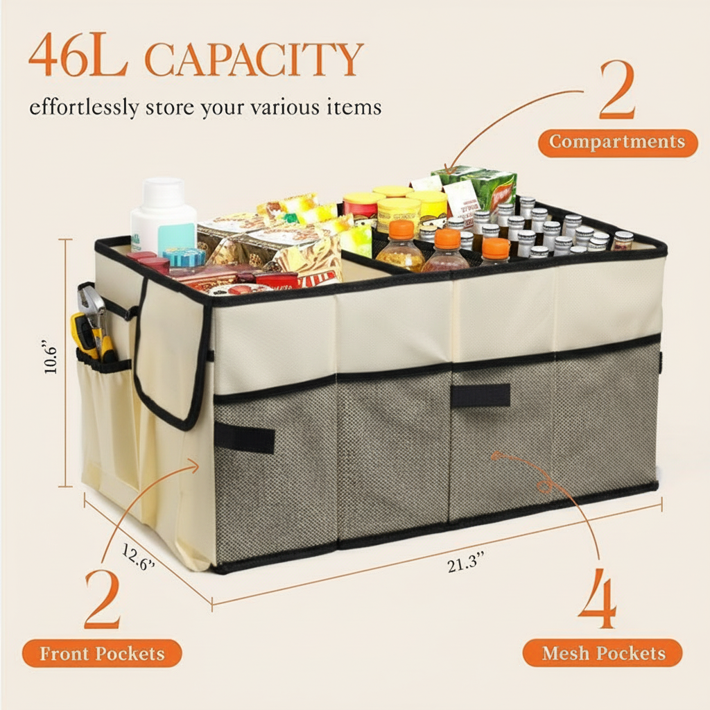 Beige Car Trunk Storage Box - Foldable Organizer